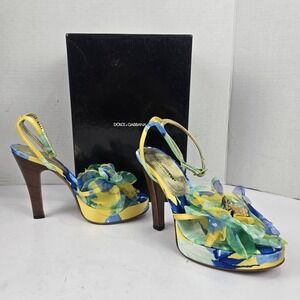 DOLCE & GABBANA Runway‎ Fall 2000 Floral Silk High Heel Platform Sandals Size 37
